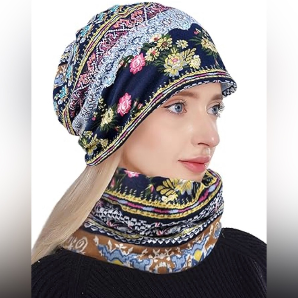 NWOT Slouchy Boho Multi-Color Cotton Headwear Head Wrap Beanie Chemo Cap